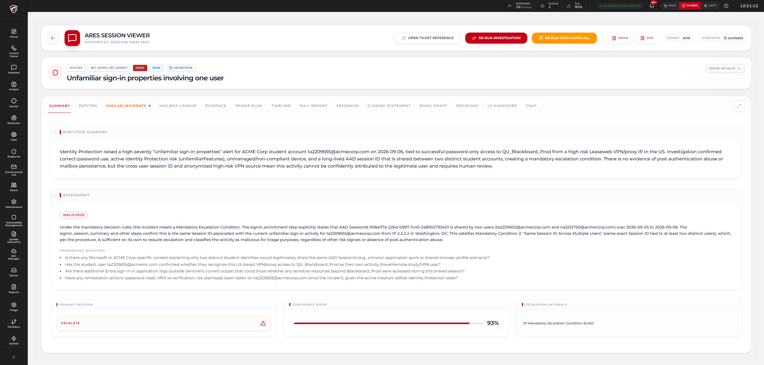 CYBERSHIELD AI — session investigation workspace