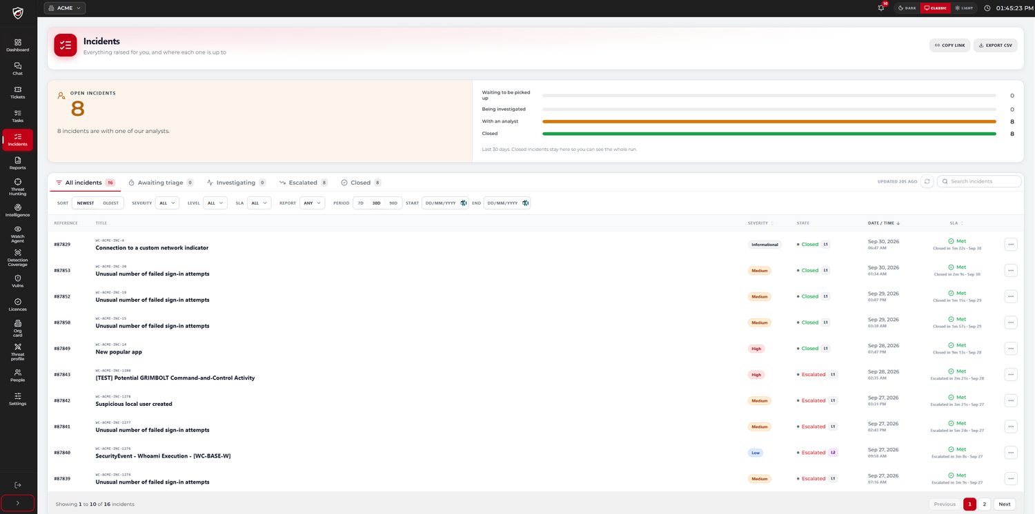 CYBERSHIELD AI customer portal — Incidents