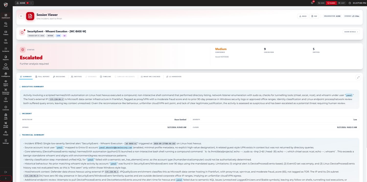 CYBERSHIELD AI customer portal — Session viewer
