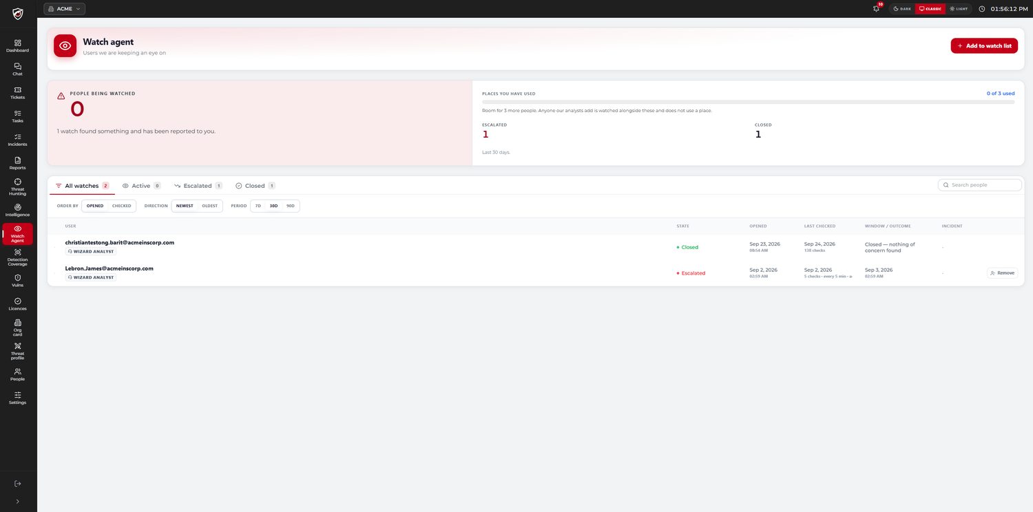 CYBERSHIELD AI customer portal — Watch agent