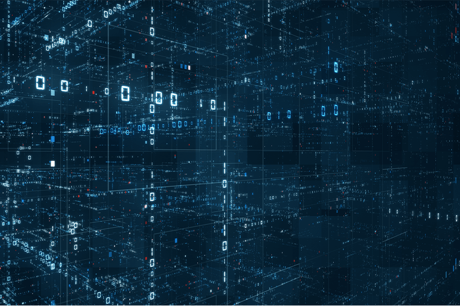 An abstract dark blue grid of glowing digital characters receding into the distance