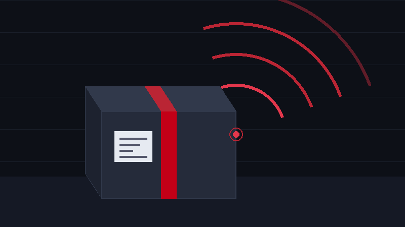 A sealed cardboard parcel with a shipping label and red packing tape, sitting still on a dark ground while a small lit transmitter at its edge sends wireless signal arcs out across the frame