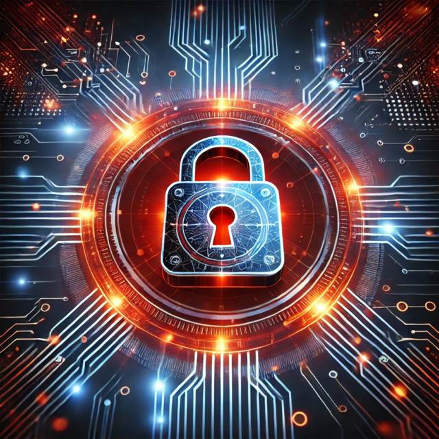 Digital padlock symbol with glowing circuit board background, representing cybersecurity and data protection